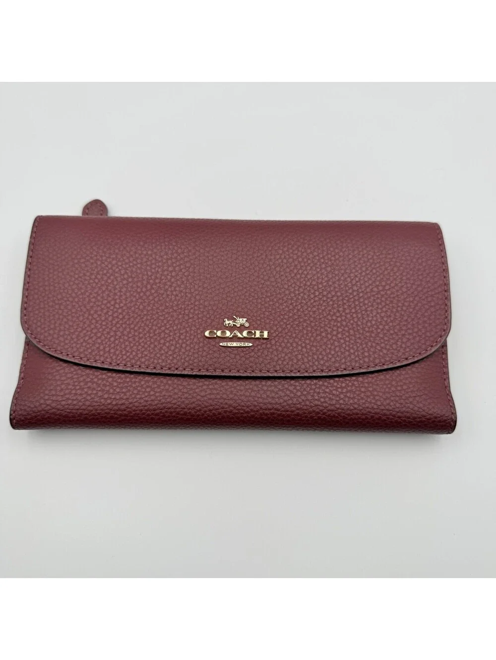 Coach Women’s Pebble Leather Raspberry and Gold Trifold Wallet Zip Pocket